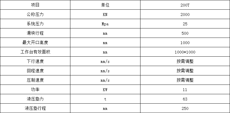 200噸拉伸液壓機(jī)參數(shù)